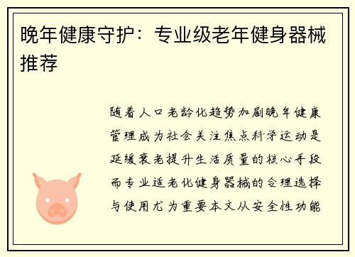晚年健康守护：专业级老年健身器械推荐